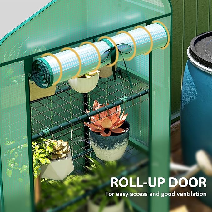 Outsunny 4 Tier Mini Greenhouse with Screen Roof, 27.6" x 19.7" x 62.2", Portable Small Greenhouse with High Strength PE Cover, Roll-Up Zipper Door for Garden Yard Backyard, Green