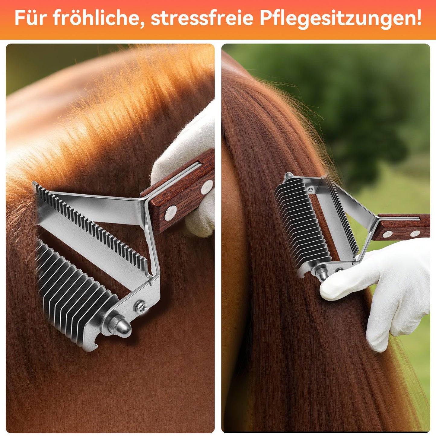 2 in 1 Horse Grooming Comb Mane Deshedding Tool Goats Cow Brush, Horse Brush Set with Leather Show Comb Holder,20 Stainless Blades and Wood Handle,Livestock,Pet