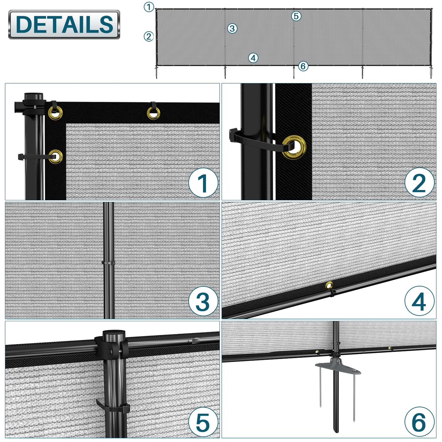 Coarbor Iron Poles Privacy Fence 6'H x 24'W Metal Fence Covering Privacy Fence Screen with Zipties and Base Anchor for Outside Garden Backyard Dog Kennel Chicken Pool, Light Gray