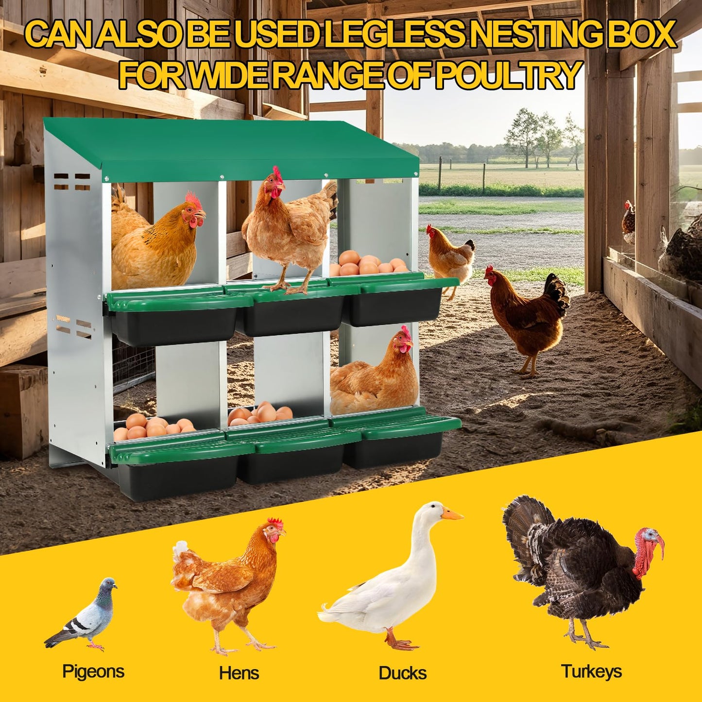YeeJinHong Two-Tier Chicken Nesting Box,6 Hole Metal Chicken Egg Laying Box with Swing Perch and Rollout Egg Collection Protect Eggs