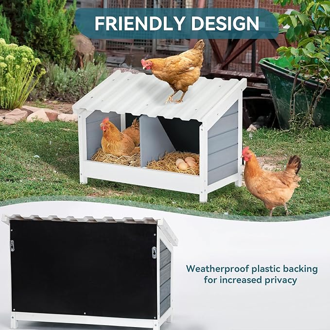 PETSFIT 2 Holes Chicken Nesting Box-All Weather PVC Roof, Natural Wood Design with Privacy Back Panel for Hens-Wall Mounted or Floor Use in Coops, Farms, Backyards,Easy to Assemble and Clean