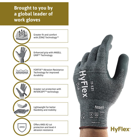 Ansell HYFLEX 11-531 Cut-Resistant Nylon Spandex Industrial Gloves w/Foam Nitrile Palm for Fabrication, Automotive - Large (9), Grey (144 Pairs)