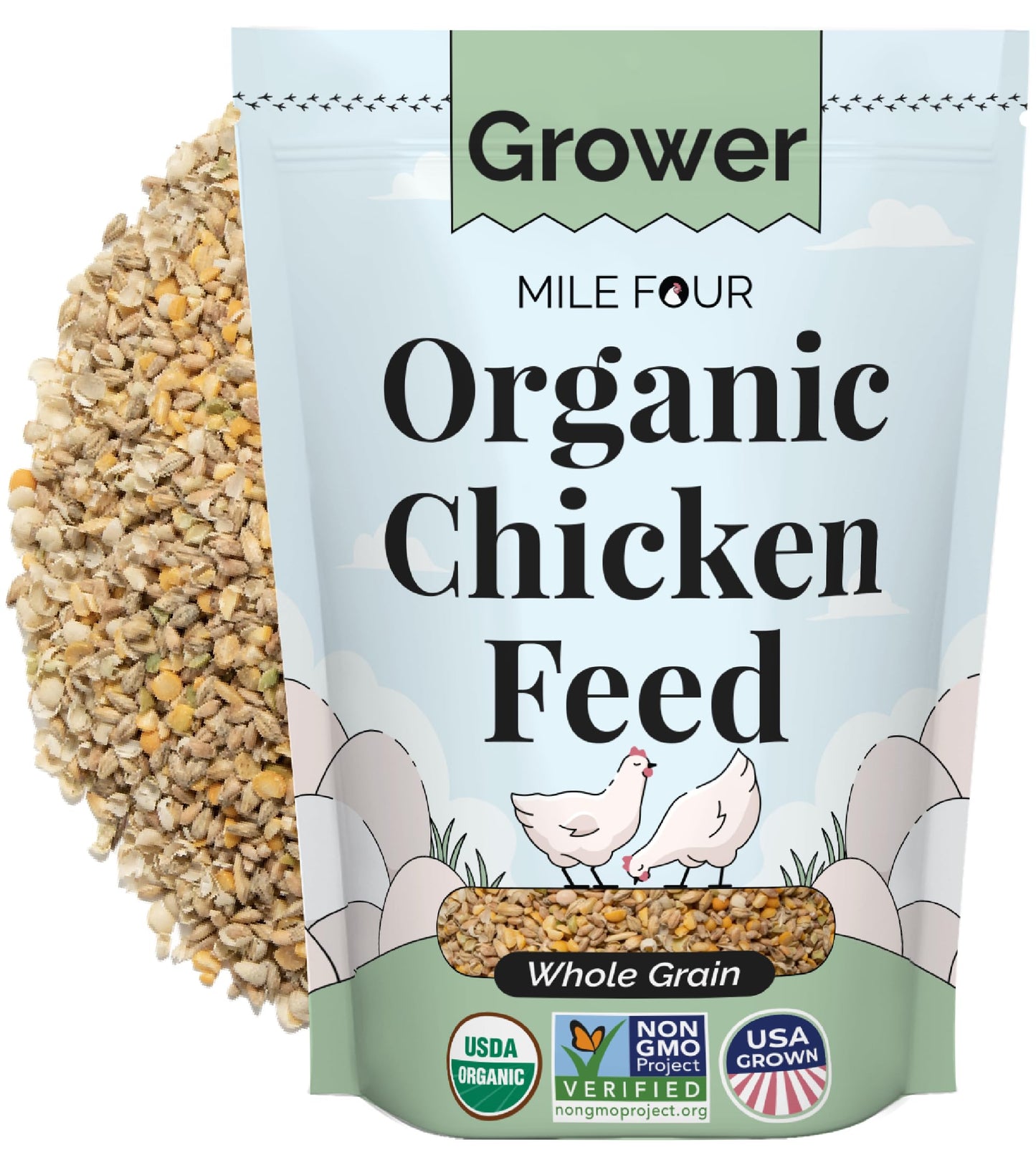 Mile Four Organic Chicken Feed – Grower Whole Grain, Non-GMO, USA Grown, 18% Protein, Corn-Free, Soy-Free, Non-Medicated Feed for Chickens, 2 lb Sample