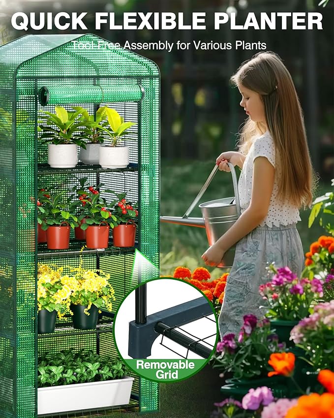 PYY Mini Indoor Greenhouse with Grow Light - Small Portable Outdoor Plant Green House Cabinet with Wheels, Thermometer, PE Tent Cover, 4 Dimmable 3 Color 2FT 36W LED Kit, 4 Tier Gardening Shelves