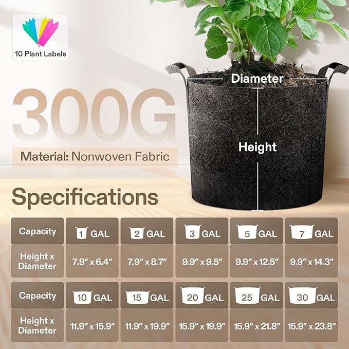 VIVOSUN 5-Pack 3 Gallon Plant Grow Bags Heavy Duty Thickened Nonwoven Fabric Pots with Handles