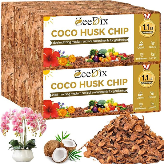 Zeedix 6 Pack Coco Husk Chips for Plants, 100% Organic Coconut Chips Mulch with Low EC & PH Balance, All Purpose for Indoor Plant Flowers Herbs Vegetables, Reptiles Terrarium Tanks Substrate(6.6LB)