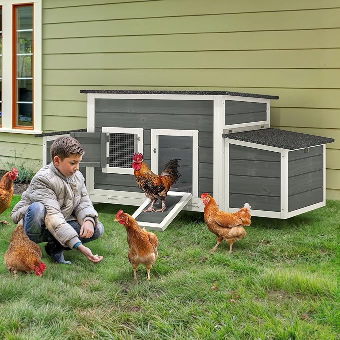 YITAHOME Chicken Coop 11.5ft² Large Wooden Chicken House Chicken Pen Outdoor with 2 Nesting Boxes Poultry Cage Rabbit Hutch Duck Cage with Weatherproof Roof (Grey)