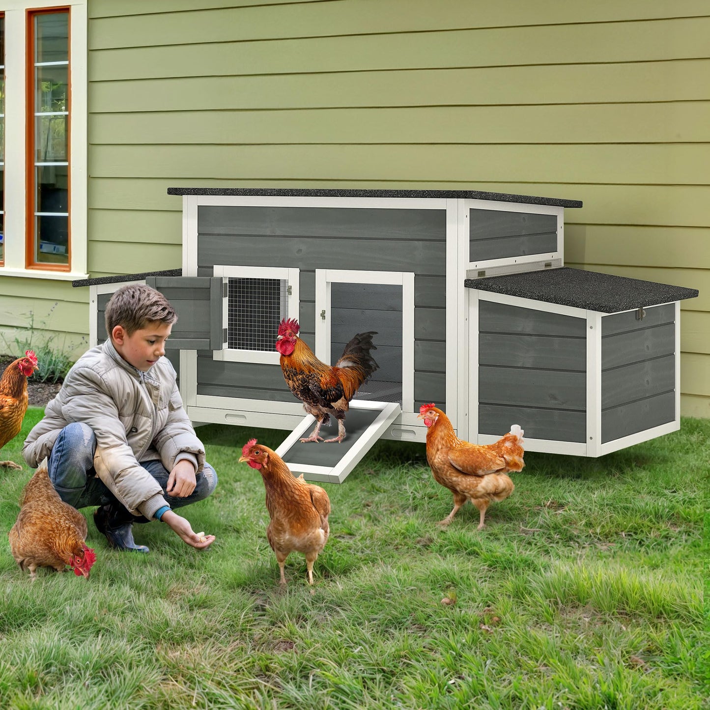 YITAHOME Chicken Coop 11.5ft² Large Wooden Chicken House Chicken Pen Outdoor with 2 Nesting Boxes Poultry Cage Rabbit Hutch Duck Cage with Weatherproof Roof (Grey)