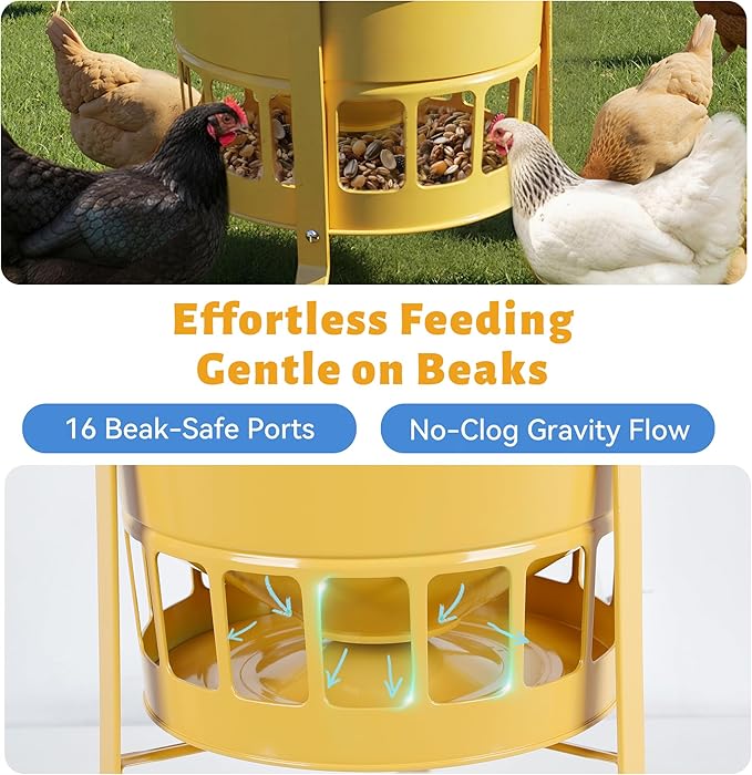 KOL Metal Chicken Feeder - 50lbs Poultry Feeder with 16 Ports, Powder Coated Rust-Proof Design & Smooth Edges for Safe Feeding (Yellow)