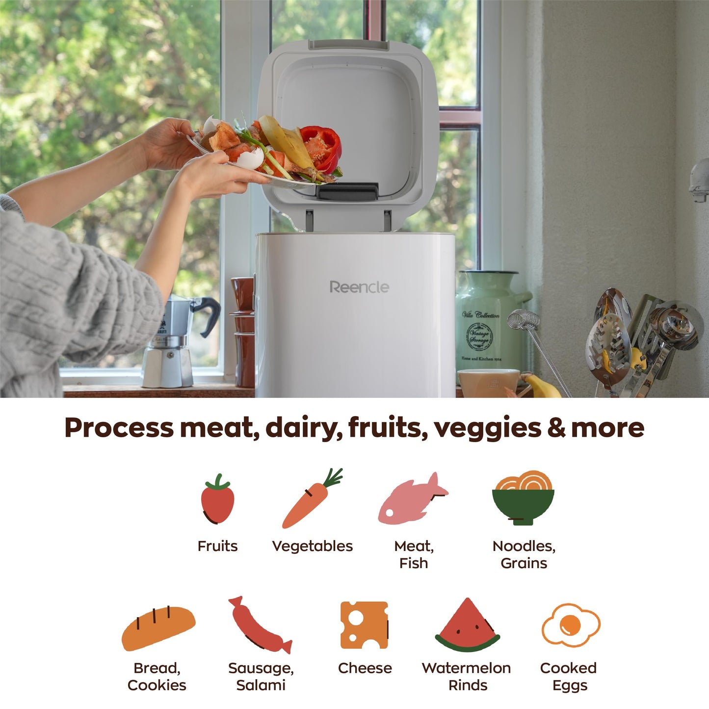 Reencle Prime Electric Composter - 14L Kitchen Composter, Decomposes Up to 2.2 lbs Food Waste Daily, Odorless Indoor Composting with Whisper-Quiet Technology & Rapid Decomposition (White)