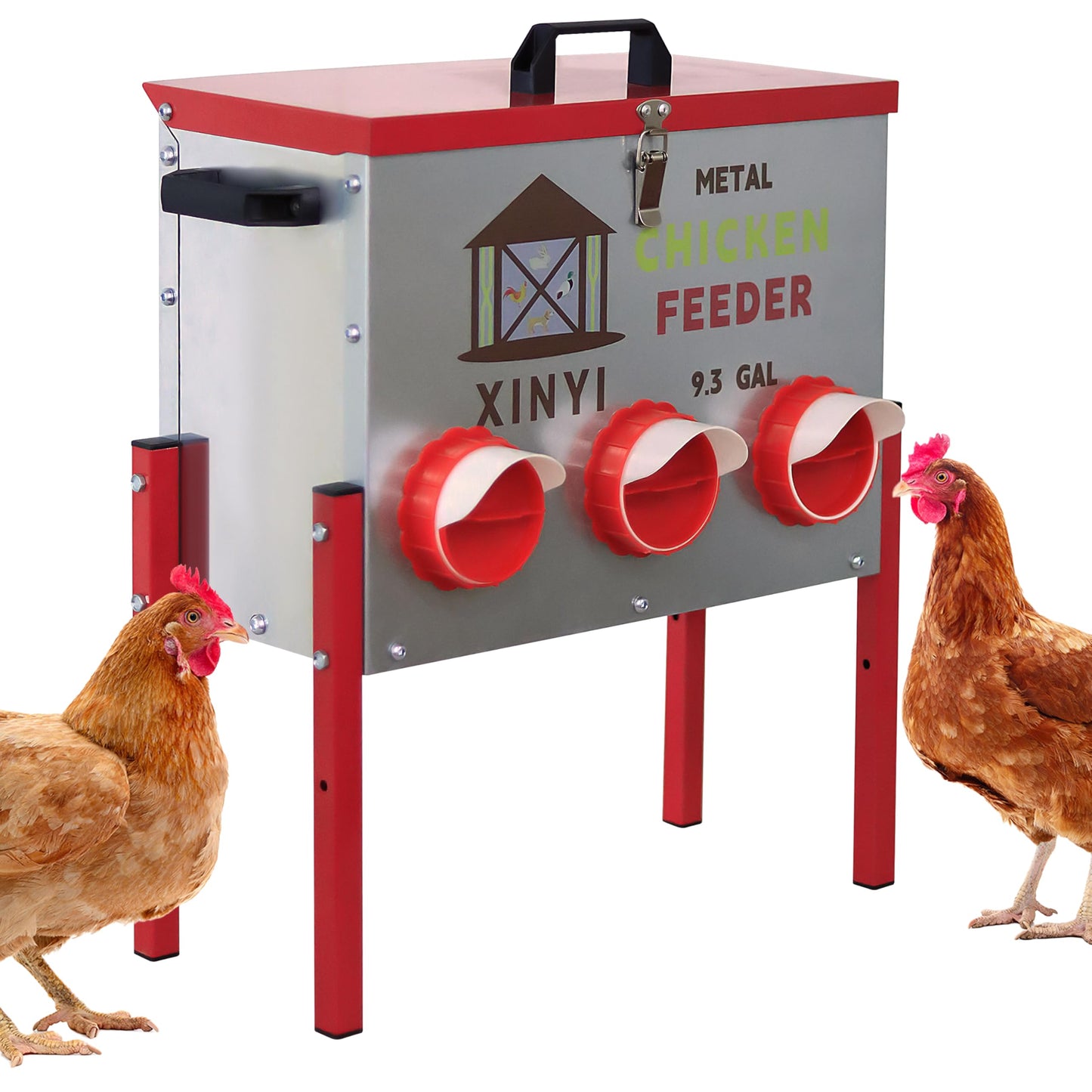 50 lb Automatic Chicken Feeder 6 Port, No Waste Poultry Pro Feeder with Legs, Rodent Proof Chicken Feeder, Weatherproof No Mess No Spill Galvanized Chicken Supplies 9.3 Gallon