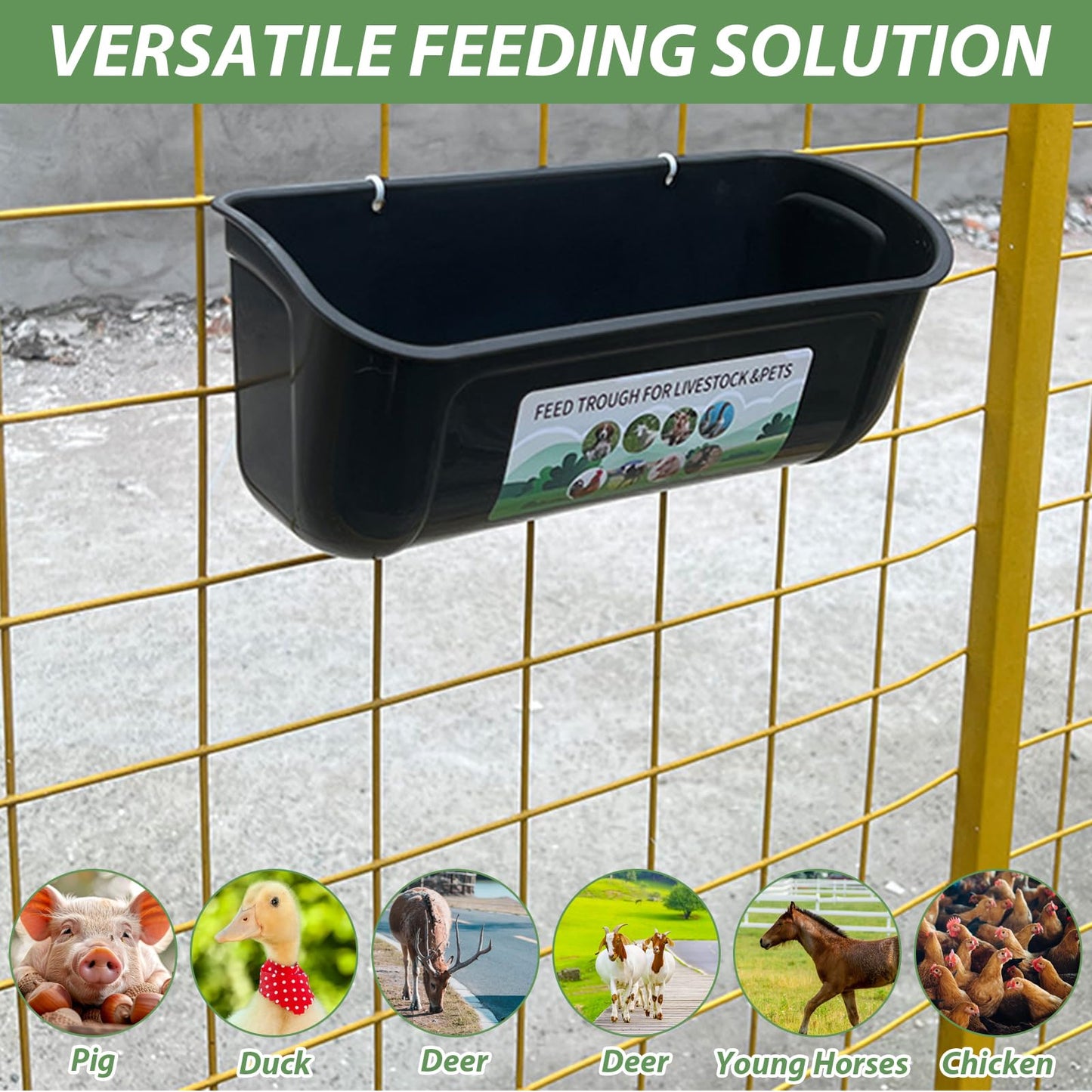 LOPYXBR 6 PCS Black Goat Feeder Hanging Pig Feeder with Clips 5 Quart Chicken Feeder Trough Poultry Feeder Hanging Goat Mineral Feeder Chicken Coop Feeder and Waters for Livestock, Pets, Poultry