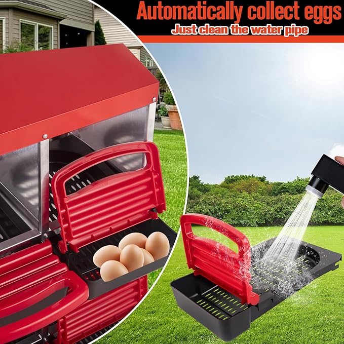 6 Hole Chicken Nesting Box - Heavy Duty Red Metal Roll Away Egg Laying Box for Hens with Perch & Ventilation - Wall Mount Poultry Coop Nest Box with Removable Tray
