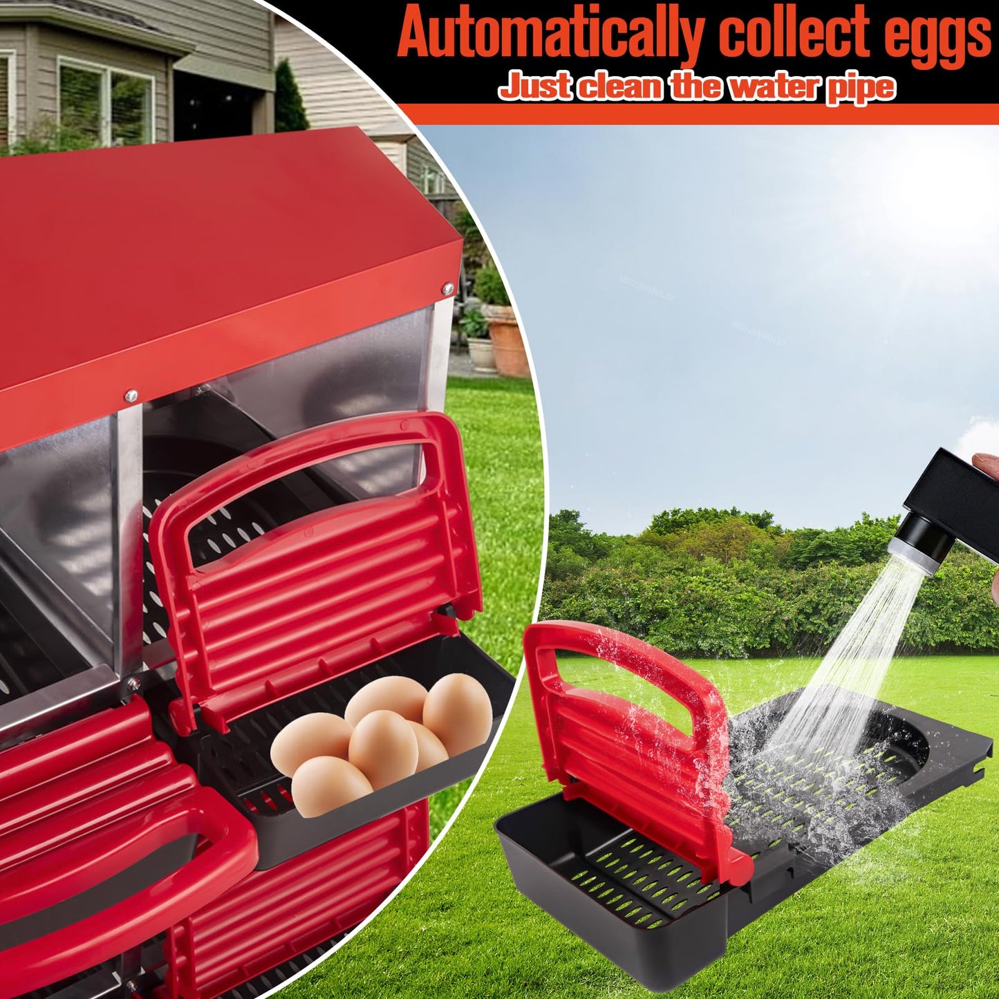 6 Hole Chicken Nesting Box - Heavy Duty Red Metal Roll Away Egg Laying Box for Hens with Perch & Ventilation - Wall Mount Poultry Coop Nest Box with Removable Tray