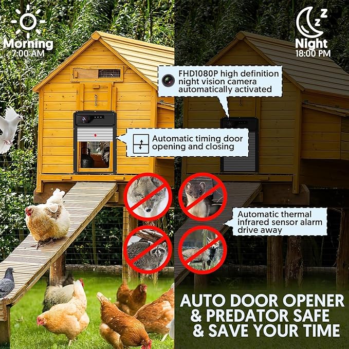 Automatic Chicken Coop Door with HD1080P Camera，Electric Auto WiFi Solar Chicken Coop Door Opener with Timer,Remote Control, APP Control, 5000mA Battery, Night Vision, Alarm Drive,Roll-up Gate