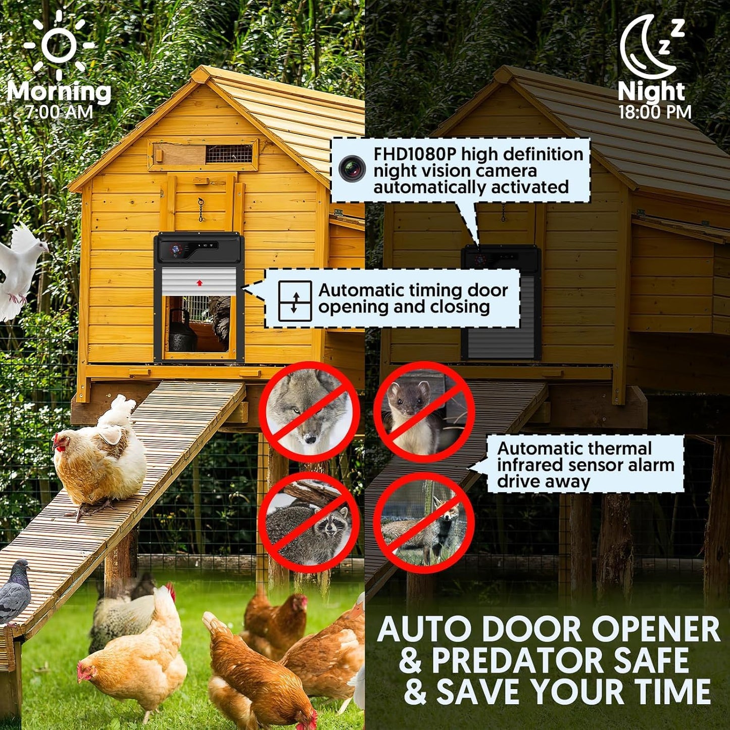 Automatic Chicken Coop Door with HD1080P Camera，Electric Auto WiFi Solar Chicken Coop Door Opener with Timer,Remote Control, APP Control, 5000mA Battery, Night Vision, Alarm Drive,Roll-up Gate