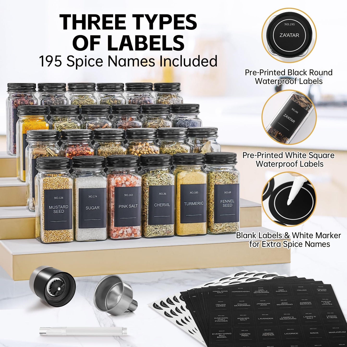 Miuyhji Spice Jars, 24 Pcs 4oz Seasoning Jars with Label, Glass Jars with Shaker Lids, Spice Containers Bottles with Pepper Grinder & Stainless Steel Funnel for Seasoning Organizer, Cabinet, Drawer