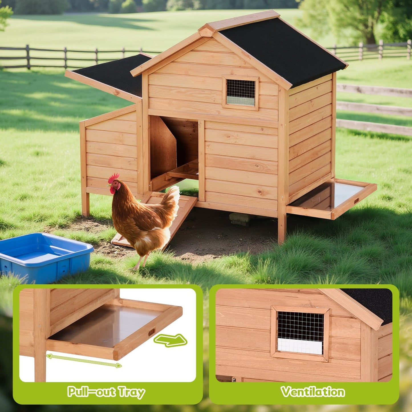 Narkula Outdoor Chicken Coop, Duck House with Nesting Box/Pull Out Tray/Secure Doors, Wooden Small Chicken Cage Weatherproof/Ventilation, 42.91" x 38.58" x 28.74", Brown