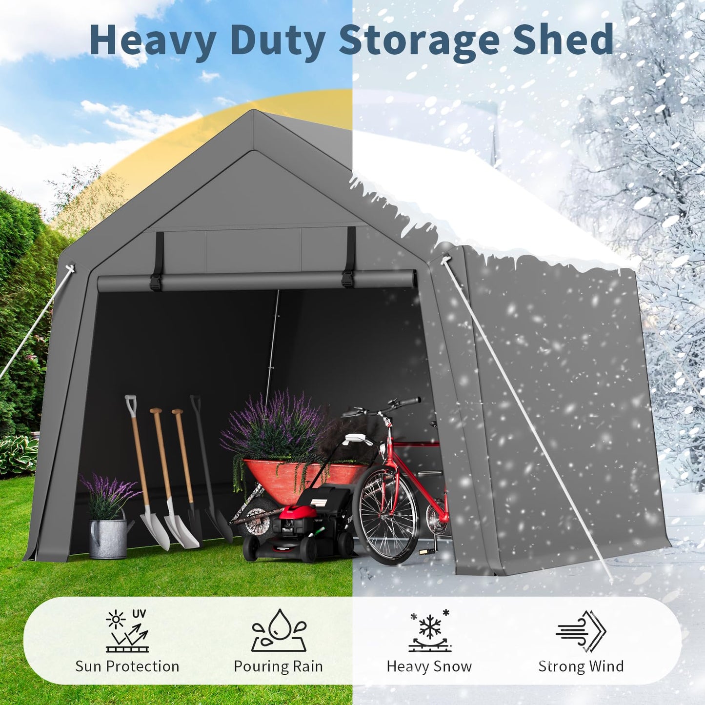 GAOMON 10'x10' Outdoor Portable Garage, Waterproof & UV-Resistant Storage Shed with 2 Roll-Up Doors, Carport Tent for Motorcycle, Bike, and Tools, Gray
