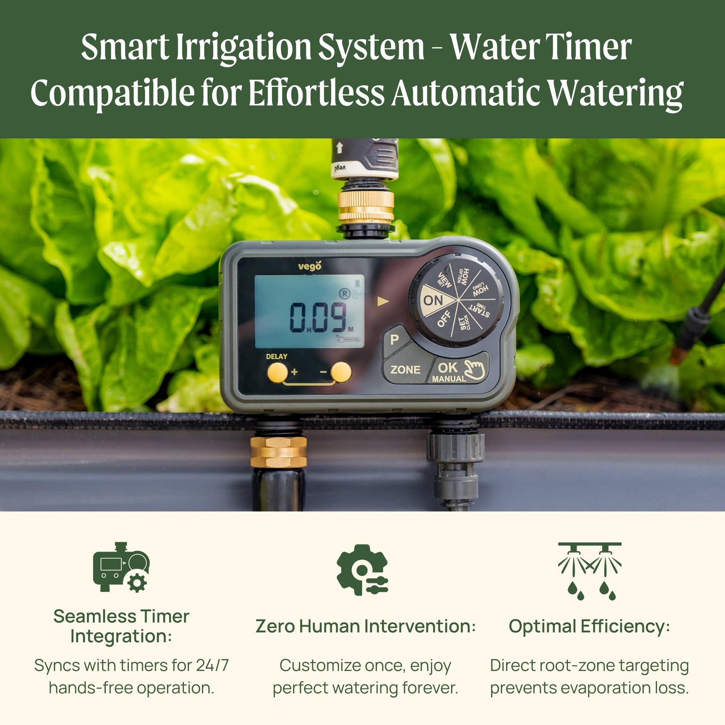 1 Zone Watering Timer with Brass Inlet & 40ft Drip Irrigation System for Raised Garden Beds
