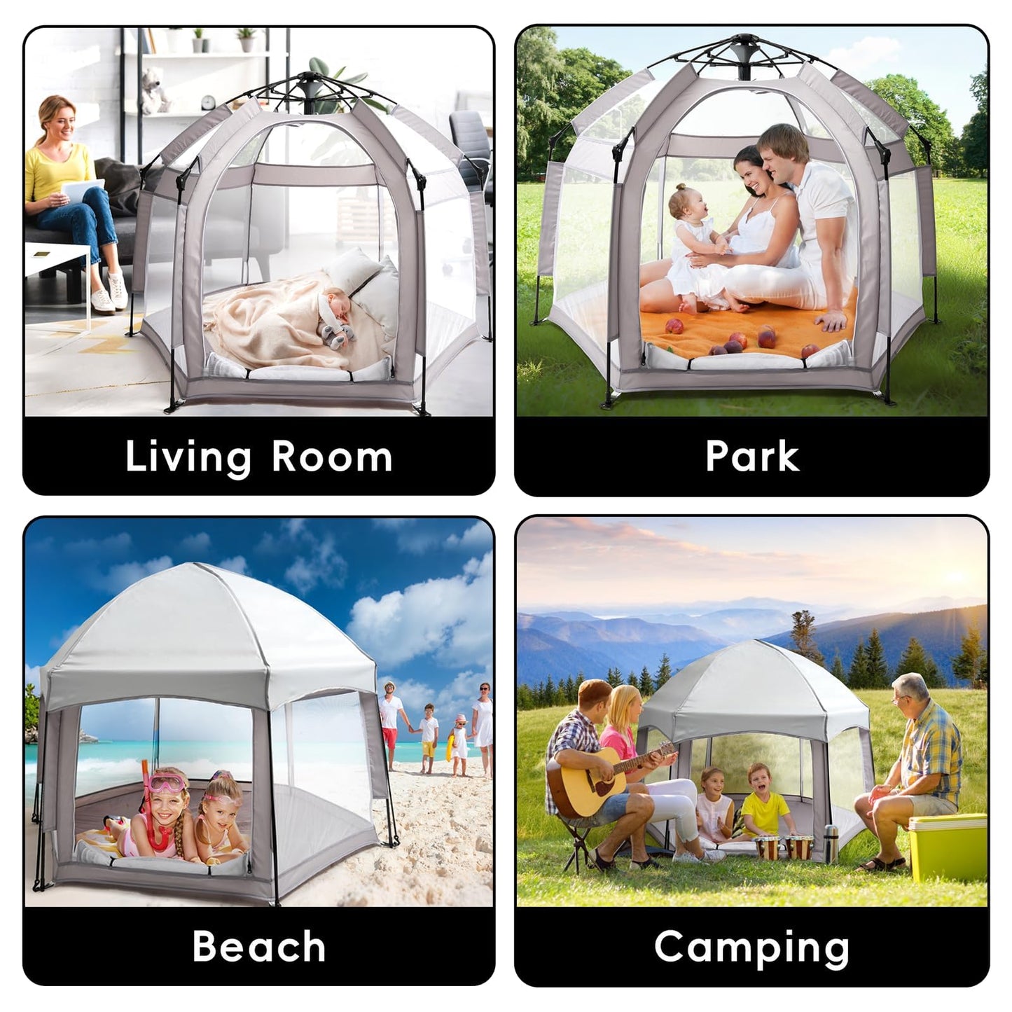 Palopalo Pop Up Baby Playpen with UPF50+ Canopy & Mosquito Net, Indoor & Outdoor Foldable Play Pen for Babies and Toddlers, Portable Baby Beach Tent with Travel Bag, Pop Up Pack and Play Yard, Grey