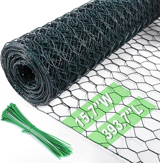 Chicken Wire 15.7 in x 393.7 in Poultry Wire Netting Hexagonal Galvanized Mesh Garden Fence Barrier for Pet Rabbit Chicken Fencing with 100 Pcs Cable Zip Ties(PVC-Coated)