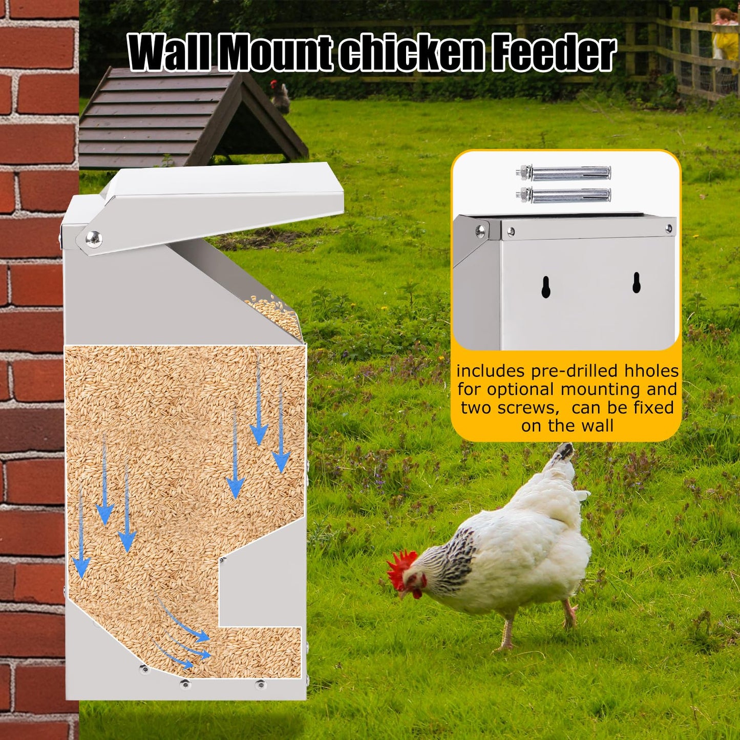 JLUHYANN Automatic Chicken Feeder 10lb Metal Poultry Feeder with Lid No Waste Duck Feeder Wall Mounted Chicken Feed Dispenser with Scoop for Chickens Ducks Goose Poultry (Small Size)