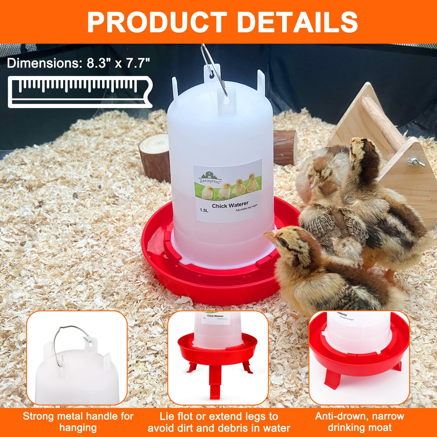 ZenxyHoC Chick Feeder and Waterer Set, 0.3 Gal Feeder and 0.4 Gal Waterer with 3 Adjustable Heights
