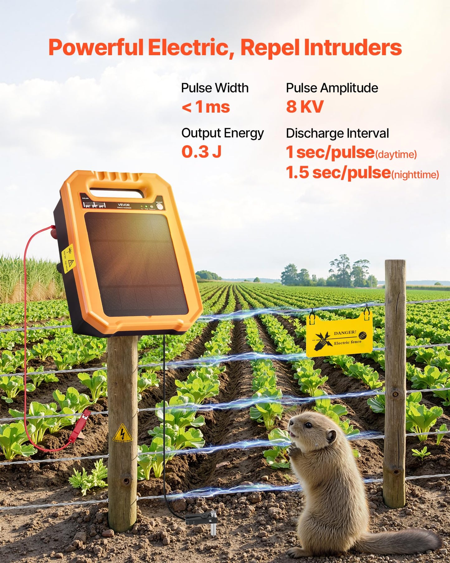 VEVOR Solar Fence Charger, 0.3J 8 kV Solar Powered Fence Charger, Weather-Resistant Electric Fence Energizer Kit, 7 Days Runtime, for Livestock, Poultry, Garden Protection