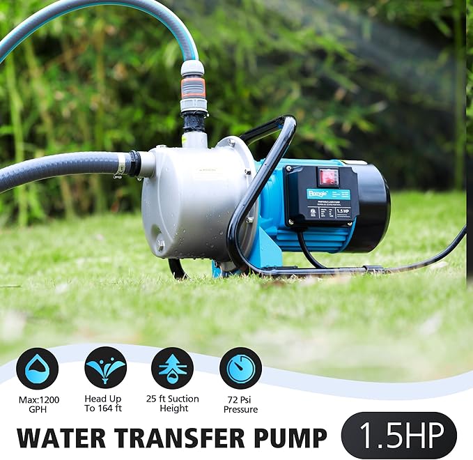 1.5HP Water Transfer Pump,1200GPH Shallow Jet Well Pump,Extended 13FT Power Cord Portable Sprinkler Booster Pump,Irrigation Lawn Fountain Pool Draining Self Priming Transfer Pumps