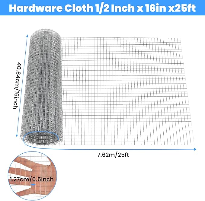 16In×25Ft Wire Mesh, 1/2 Inch Mesh Hot Dipped Galvanized After Welding Hardware Cloth, Cuttable Chicken Netting, Garden Fence Supports Poultry Netting Cage 23GA