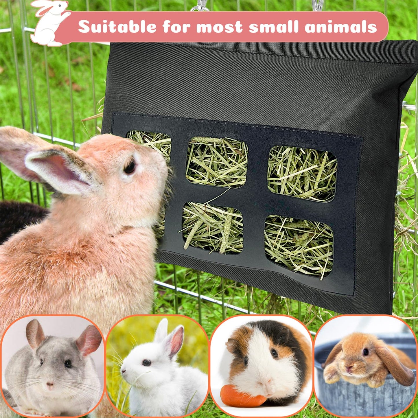 Rabbit Hay Feeder Bag, Upgraded Bunny Hay Bag, 6 Holes 600D Oxford Fabric Hay Holder Bag for Small Animal Guinea Pig Chinchilla Rabbit Cage by Rayfarmo,(Black)