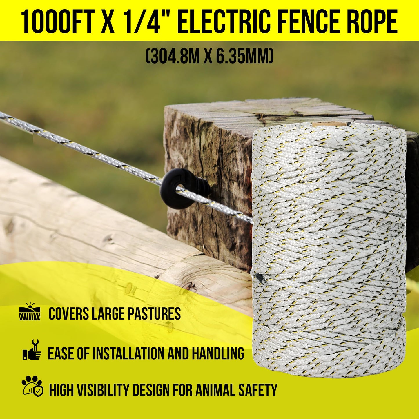 Electric Fence Wire 1000 ft, 1/4 inch (6 mm), 4 Highly Conductive Tinned Copper Strands, Ideal for Temporary Pastures and Equine Containment Livestock, Work with Insulator and Charger