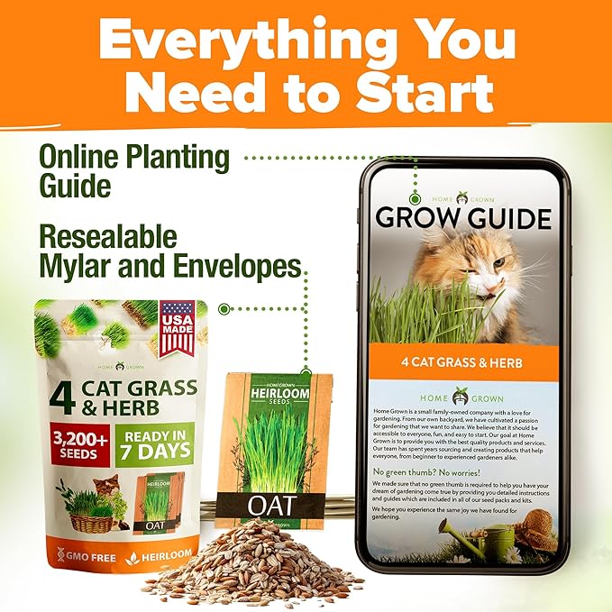 Home Grown 3200+ Indoor Cat Grass Refill – Non-GMO USA Grown Catnip, Oat & Alfalfa Seeds – Cat Grass Kit Replacement – Fast-Growing Pet Grasses for Cats’ Digestion & Hairball Relief