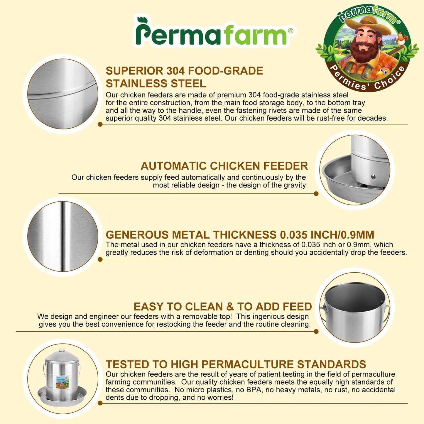 Permafarm® Automatic Chicken Feeder 12KG/26.5lbs, Authentic 304 Food-Grade Stainless Steel Poultry Feeder |Heavy-Duty 0.9mm Metal Thickness, Top-Fill Design, Rust-Free & Built for Life-Long Durability