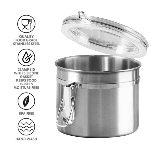 OGGI Stainless Steel Kitchen Canister 26 fl oz - Airtight Clamp Lid, Clear See-Thru Top - Ideal for Kitchen Storage, Food Storage, Pantry Storage. Size 5" x 3.5".