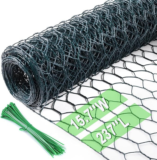 Chicken Wire 15.7 in x 237 in Poultry Wire Netting Hexagonal Galvanized Mesh Garden Fence Barrier for Pet Rabbit Chicken Fencing with 100 Pcs Cable Zip Ties(PVC-Coated)