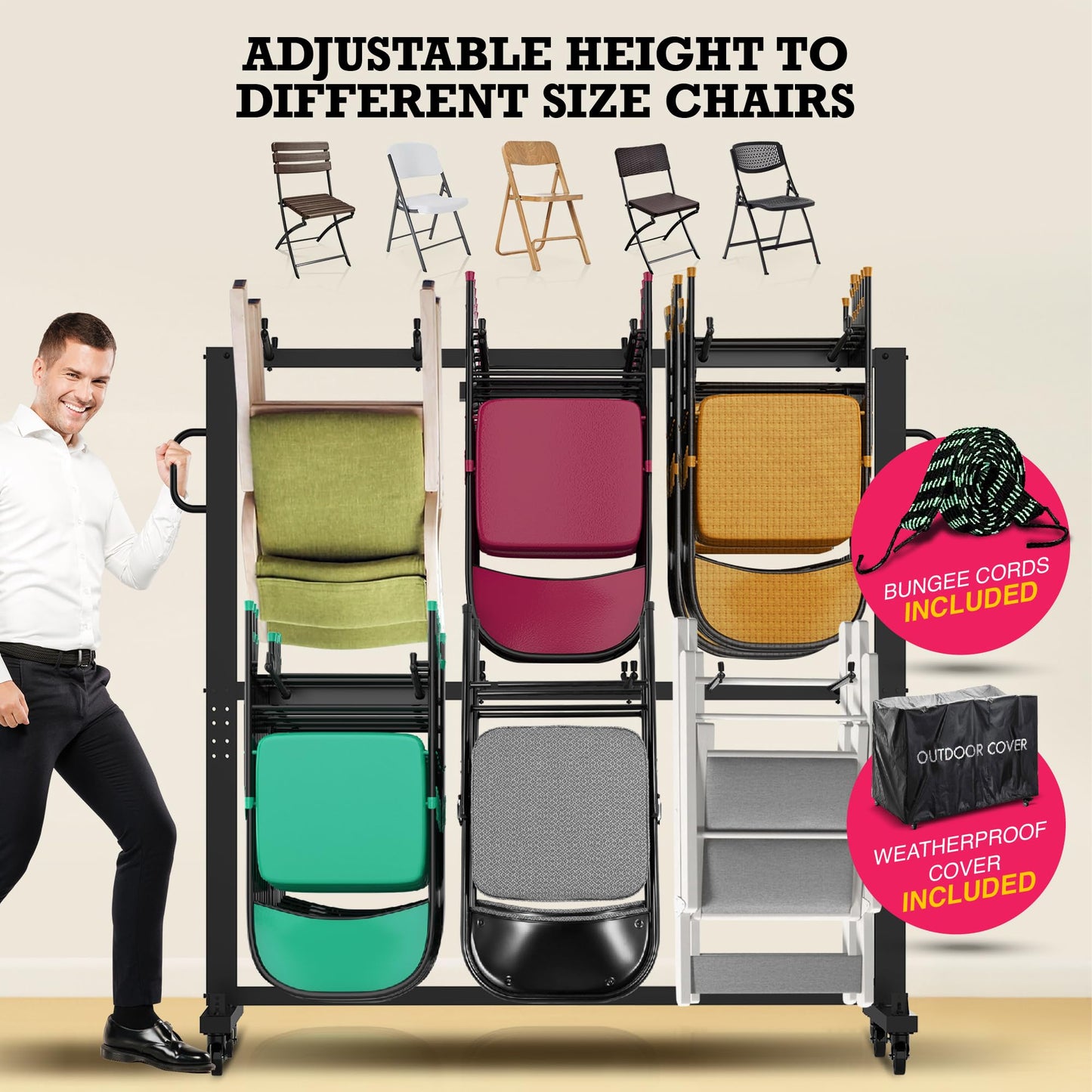 ALAGPRO Folding Chair Rack Cart - Storage Dolly With Wheels, Heavy Duty Holder for 84 Chairs or 12 Tables of 900 LBS Capacity - Includes Outdoor Cover