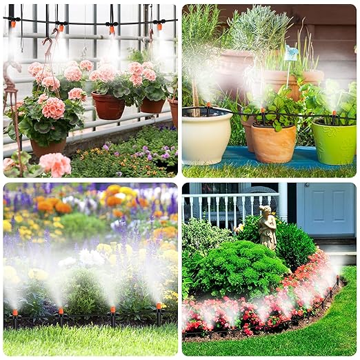 75FT Garden Irrigation System Kit, Greenhouse Watering System, Garden Watering System with 1/4" Tubing and Misting Nozzles, Quick Connector Design Automatic Irrigation System