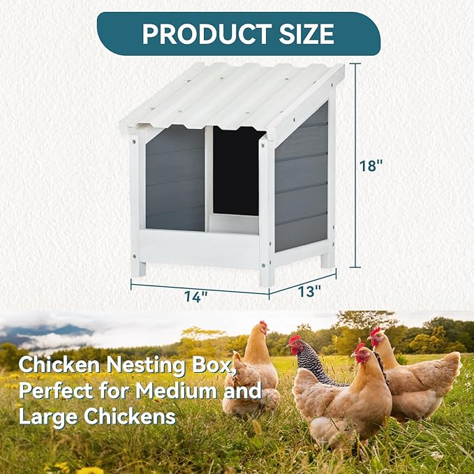 PETSFIT 1 Hole Chicken Nesting Box-All Weather PVC Roof, Natural Wood Design with Privacy Back Panel for Hens-Wall Mounted or Floor Use in Coops, Farms, Backyards,Easy to Assemble and Clean