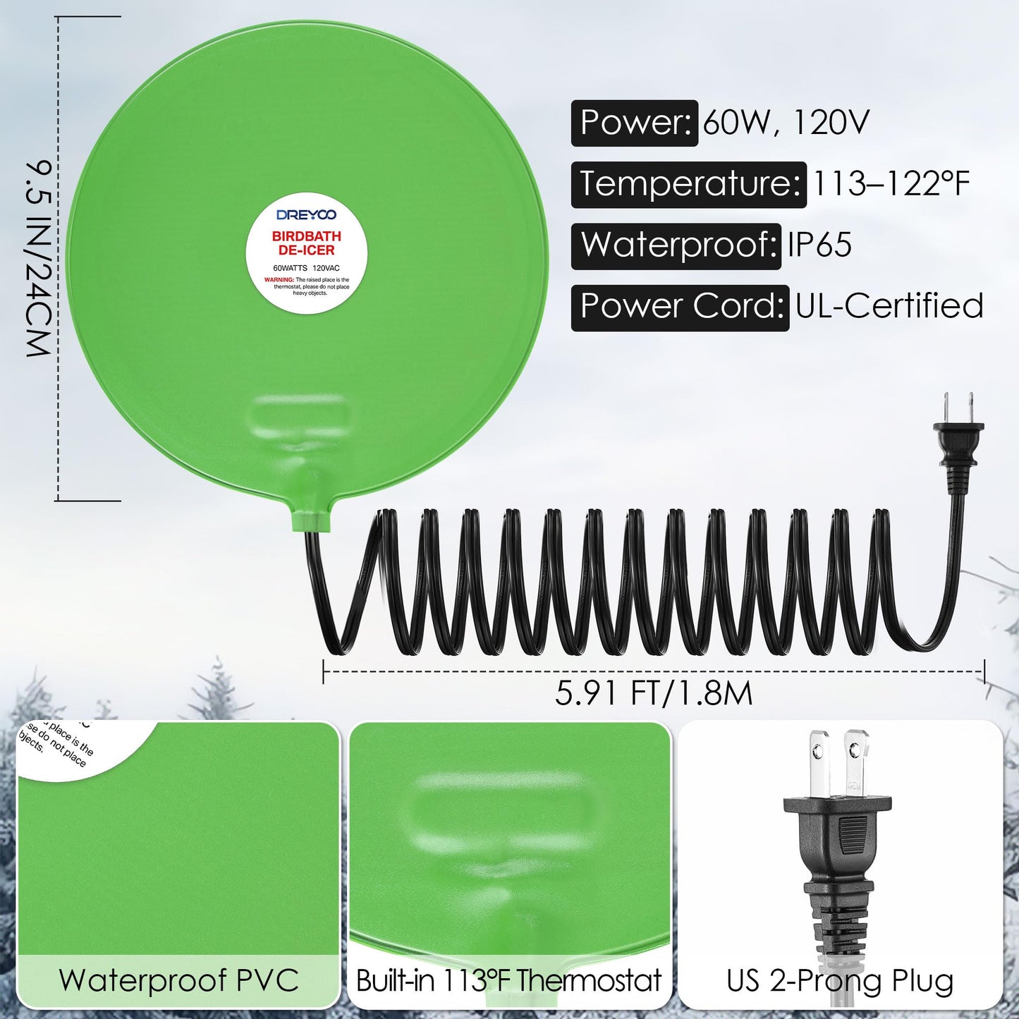 Dreyoo 60W Bird Bath Heater, Submersible De Icer for Outdoor Winter Use, Thermostatic Control, IP65 Waterproof, Chicken Water Heater for Birds, Poultry, Livestock, Wildlife Drinking