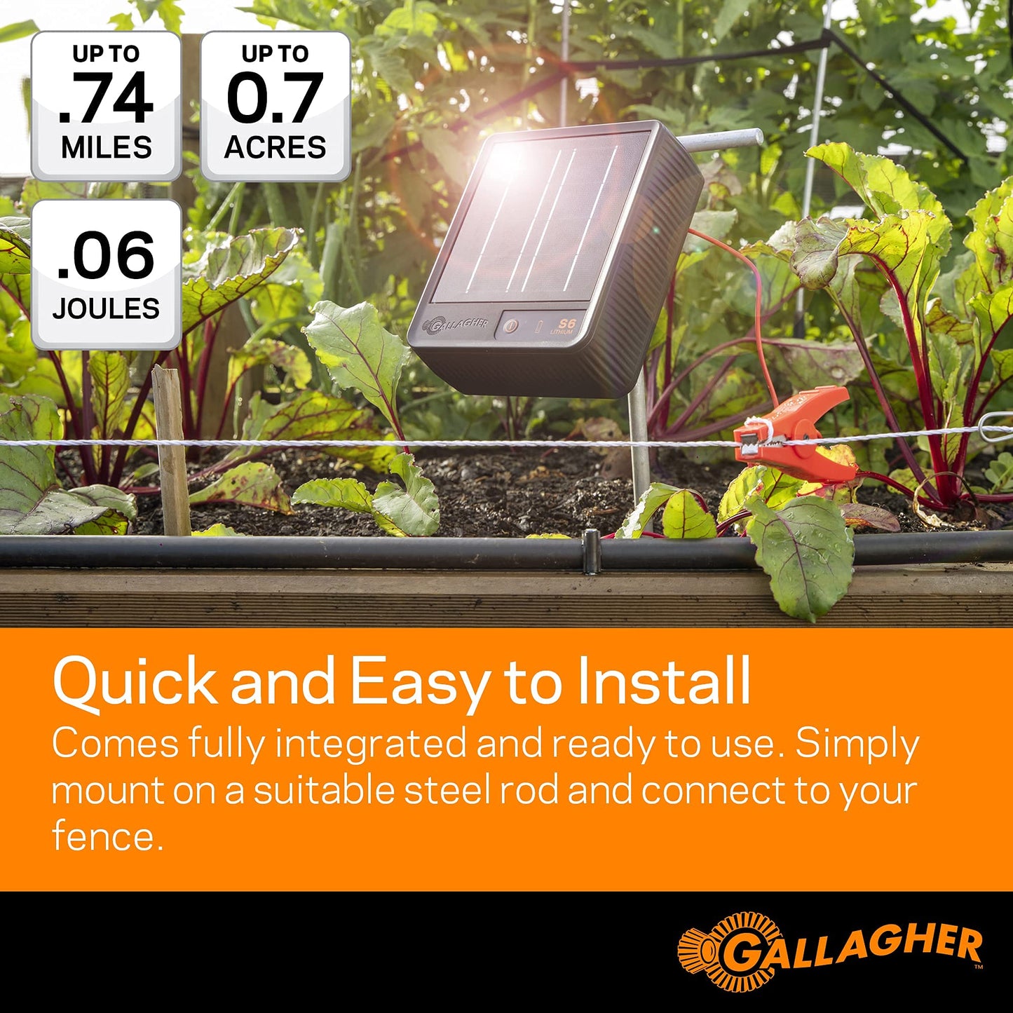 Gallagher S6 Solar Electric Fence Charger | Solar Fence Energizer for Gardens, Chickens, Goats, and Pets | Solar-Powered Fence Charger with Lithium Battery | Mounts Directly to Grounding Rod