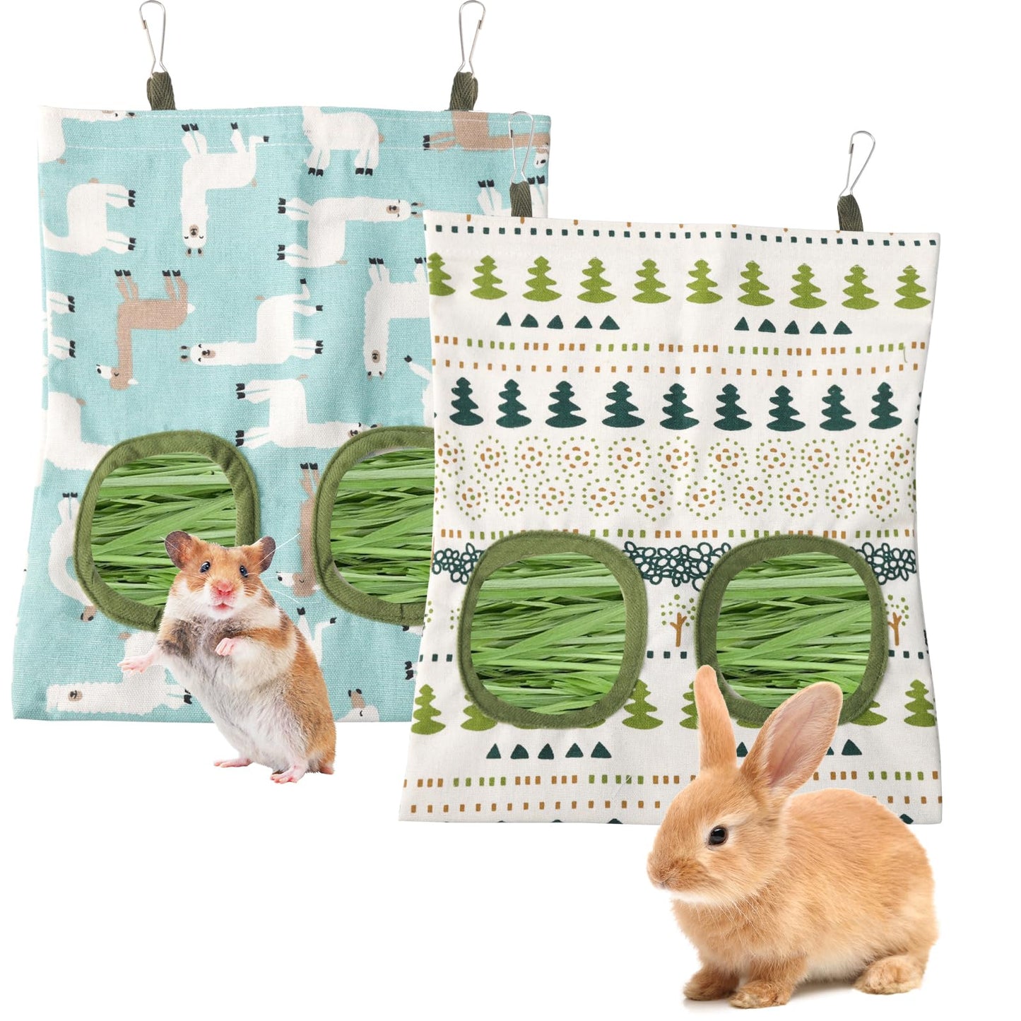 Maxqzin 2PCS Rabbit Hay Feeder, Hanging Hay Feeder Guinea Pig Hay Feeder Washable Hay Bag for Rabbits 2 Hole Hay Feeder for Guinea Pigs Chinchillas Hamsters (2 Style)