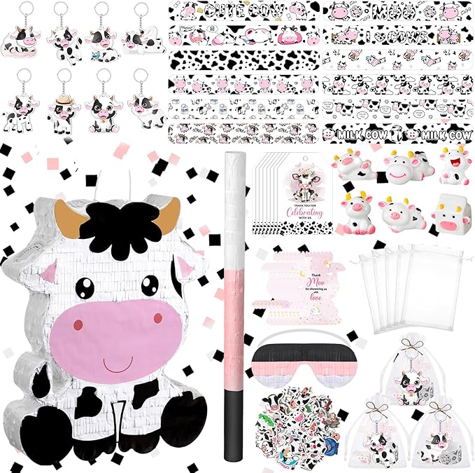 Lewtemi 248 Pcs Cow Party Favor Supplies Cow Pinatas Bundle Set Includes Blindfold Stick Confetti Slap Bracelet Stickers Keychains Mini Resin Mesh Bags tag cards for Birthday Party