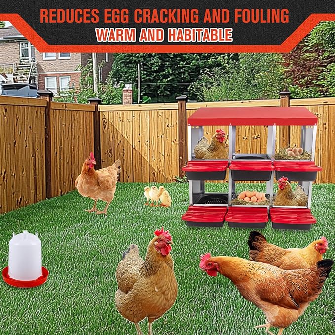 6 Hole Chicken Nesting Box - Heavy Duty Red Metal Roll Away Egg Laying Box for Hens with Perch & Ventilation - Wall Mount Poultry Coop Nest Box with Removable Tray