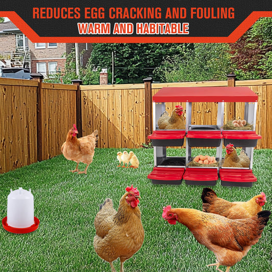 6 Hole Chicken Nesting Box - Heavy Duty Red Metal Roll Away Egg Laying Box for Hens with Perch & Ventilation - Wall Mount Poultry Coop Nest Box with Removable Tray