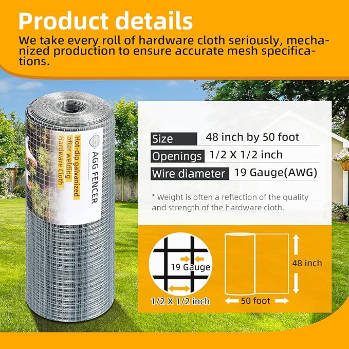 48inch x 50ft Hardware Cloth 1/2 inch Chicken Wire Fencing 19Ga, Hot Dipped Galvanized After Welding Garden Plant Supports Welded Metal Chicken Wire Fence, Poultry Animal Netting Cage Screen