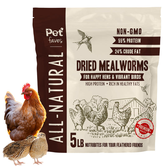 Dried Mealworms for Chickens, Birds, Hamster, Reptile and Turtle - Premium Non-GMO Treats with 55% Protein for Laying Hens - Organic Food for Wild Bird, Bluebirds, Robins, Cardinals. 5 Lb