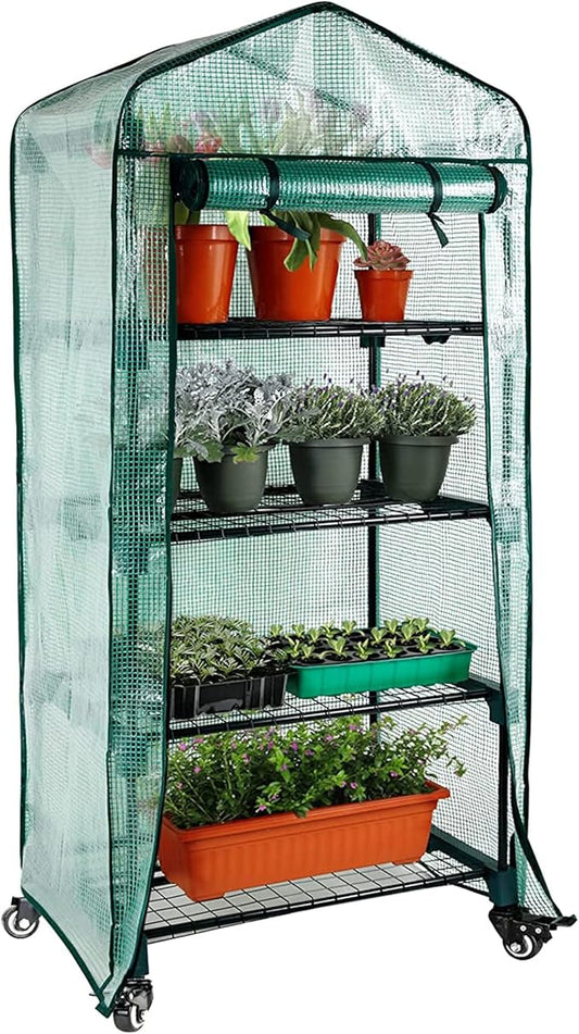 Worth Garden 4 Tier Mini Greenhouse w/ Upgraded Castors Wheels - Portable Small Gardening Green House with PE Cover - Heavy Duty Swivel Castors with Brakes - 64''H x 27''L x 19''W Indoor & Outdoor