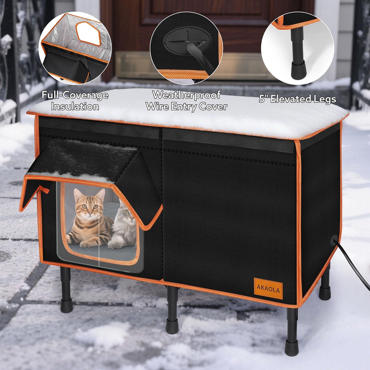 Heated Outdoor Cat House for Outside Winter 100% Waterproof Oxford Tarpaulin with Safe Escape Door and 5" Elevated Base with Heater for Feral Barn Cat Kitty (26“x20”x14“)